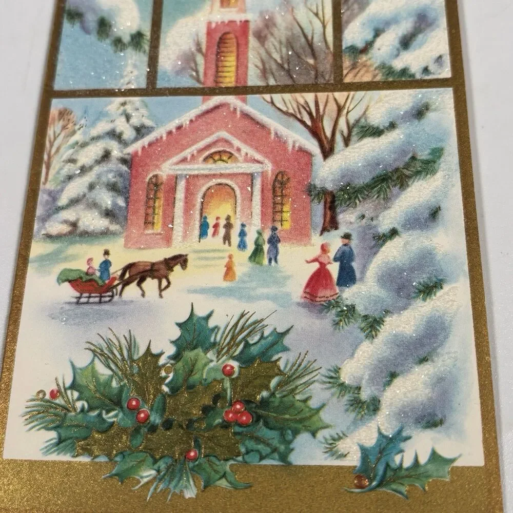 Vintage Glitter Christmas Card Church Famous Artists Studios w/ Letter Envelope